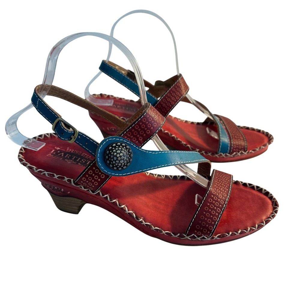 L'Artiste Dreamer-R Leather Sandals Size 39 US 8.5 Red‎ Blue Artsy Fun Boho Chic